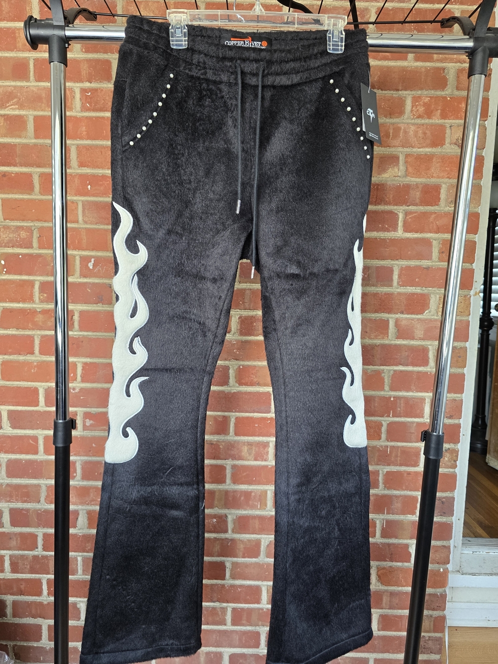 Copper Rivet Flame-Stripe Sweatpants with Stud Trim